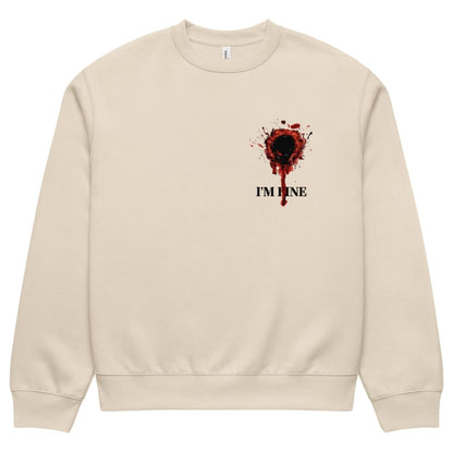 Beige sweatshirt with a graphic design and text 'I'm Fine' on a white background