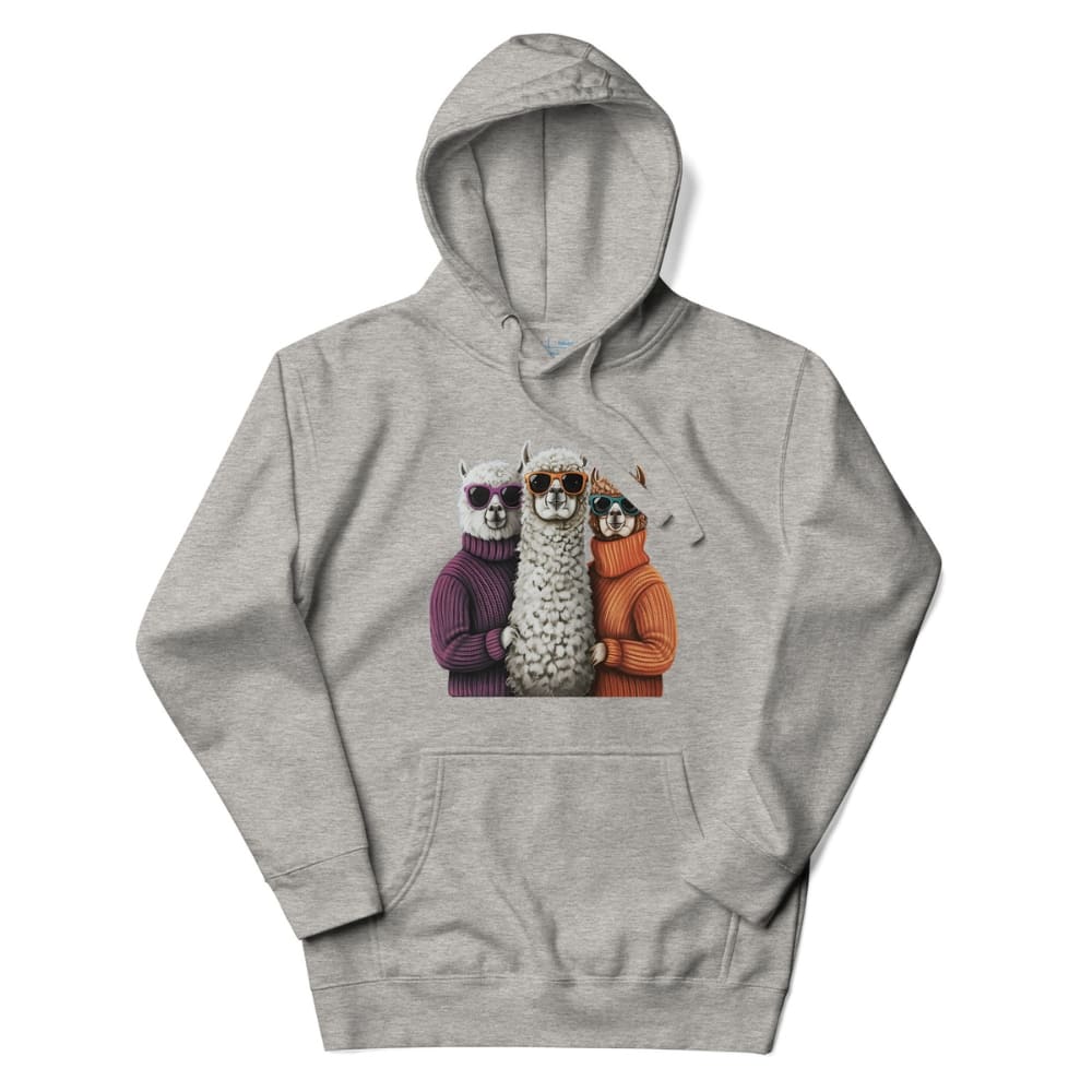 Gray hoodie with a graphic of three meerkats wearing sweaters on a white background