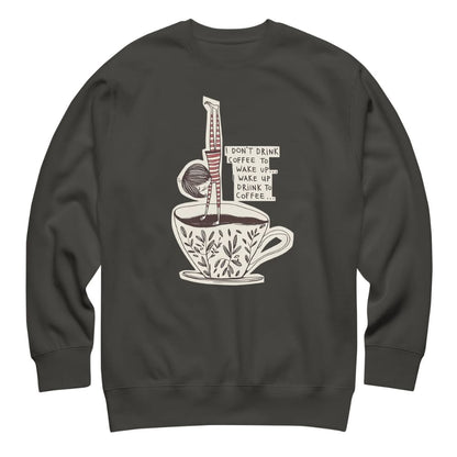 Black sweatshirt with a coffee cup graphic and text on a white background