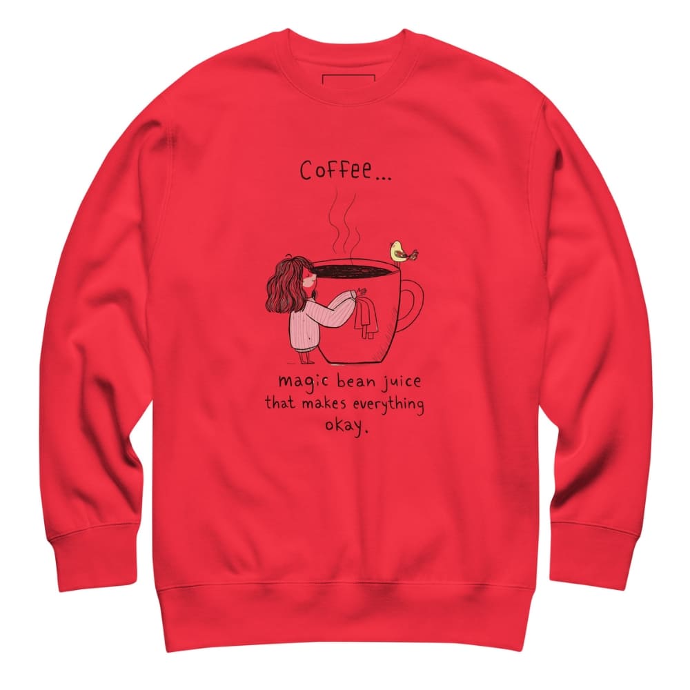 Red sweatshirt with a graphic of a person drinking coffee and text on a white background