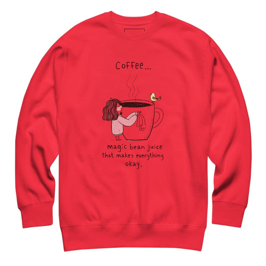 Red sweatshirt with a graphic of a person drinking coffee and text on a white background
