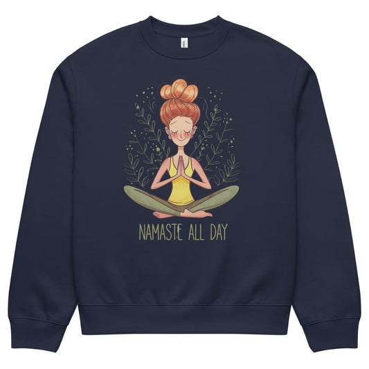 Navy blue sweatshirt with a yoga-themed design and 'Namaste All Day' text on a white background