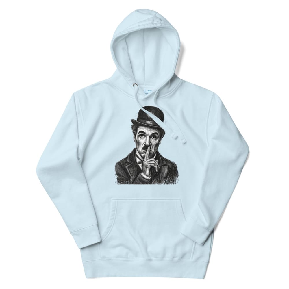 Light blue hoodie with a graphic of a person in a hat and coat on a white background