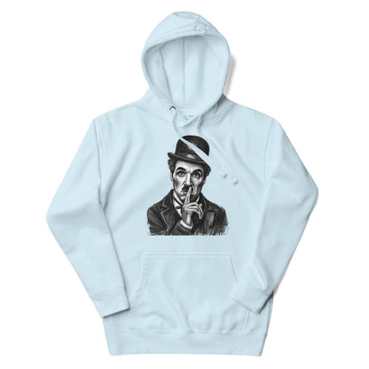 Light blue hoodie with a graphic of a person in a hat and coat on a white background