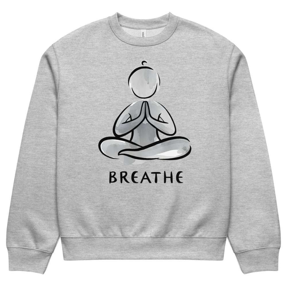 Gray sweatshirt with a yoga pose graphic and 'BREATHE' text on a white background