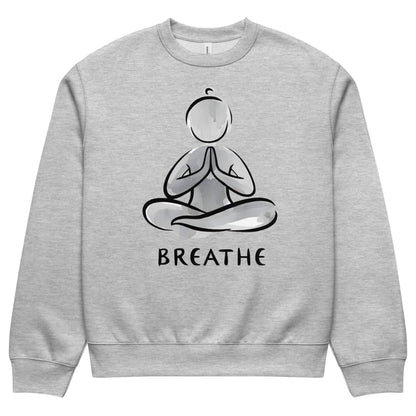 Gray sweatshirt with a yoga pose graphic and 'BREATHE' text on a white background