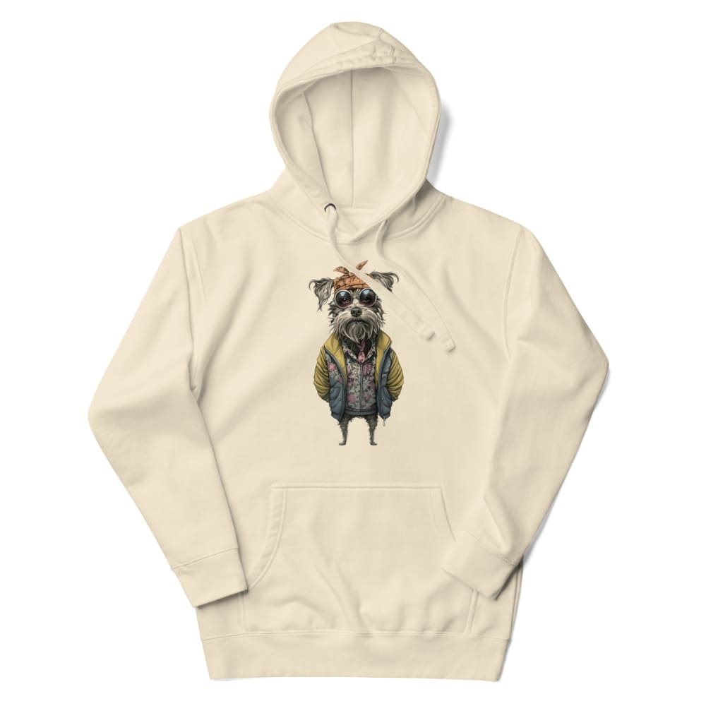Beige hoodie with a dog graphic on a white background