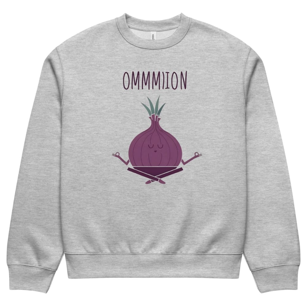Gray sweatshirt with a purple graphic of an onion and the text 'OMMMION' on a white background
