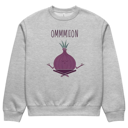 Gray sweatshirt with a purple graphic of an onion and the text 'OMMMION' on a white background