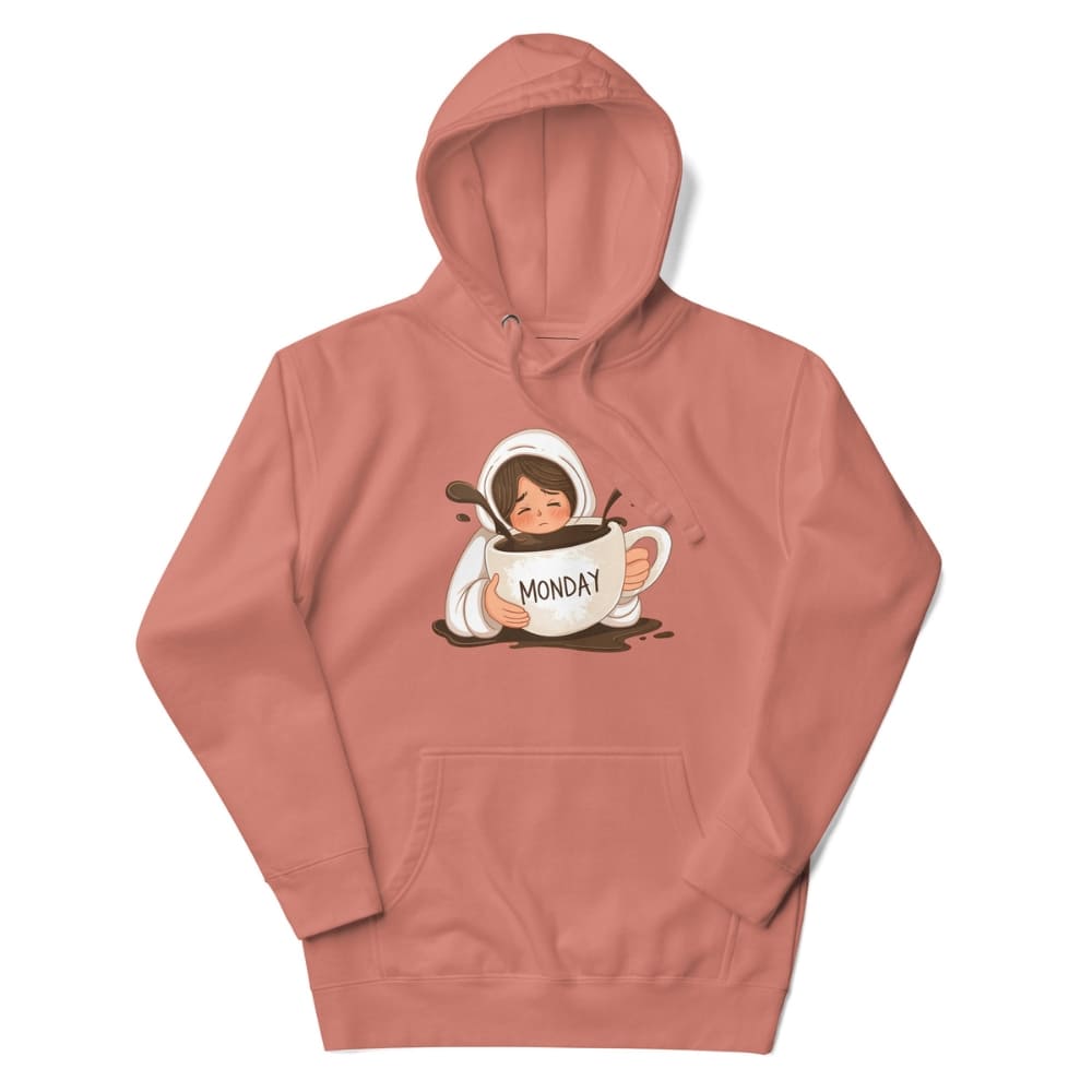 Pink hoodie with a graphic of a character holding a 'Monday' mug on a white background