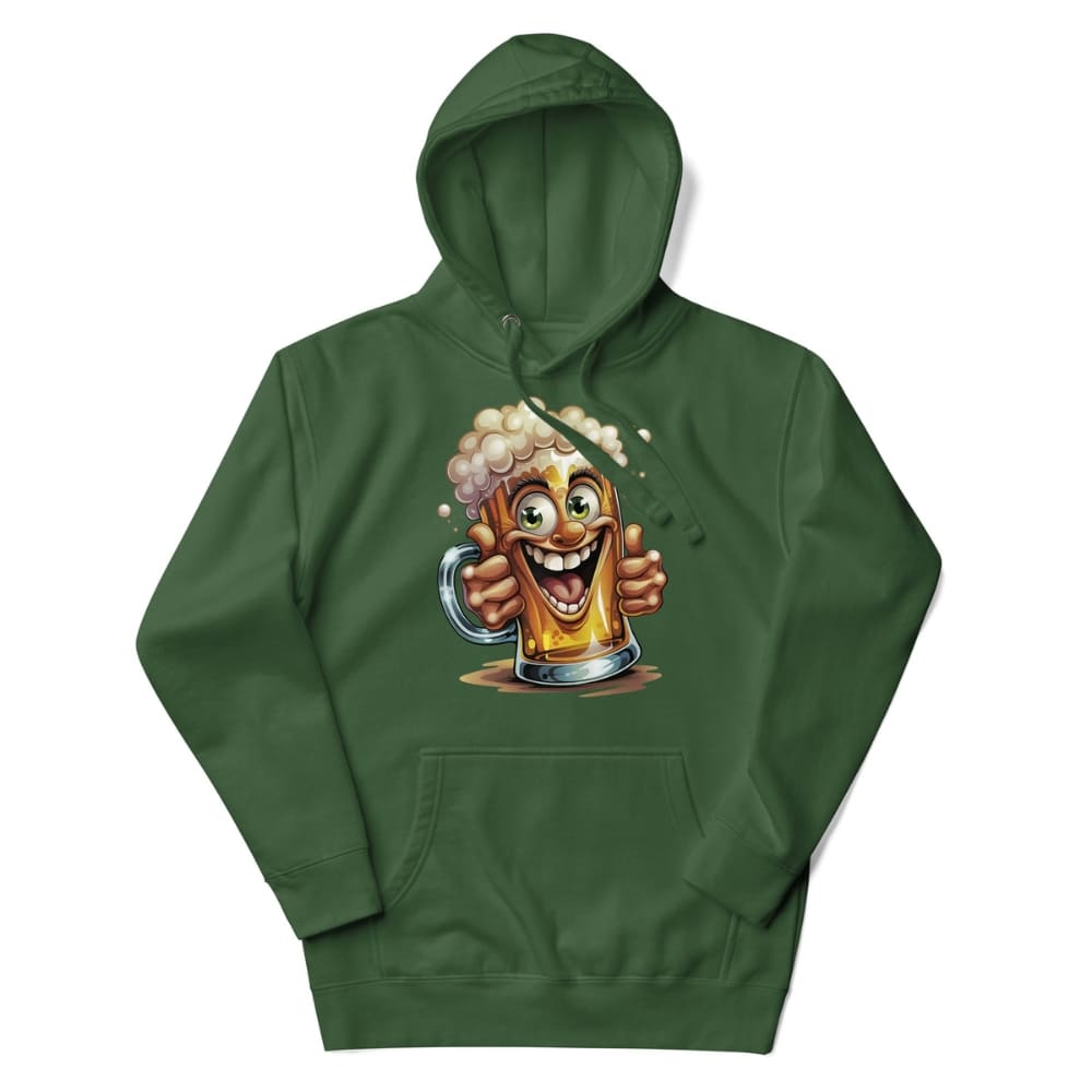 Green hoodie with a cartoon beer mug design on a white background