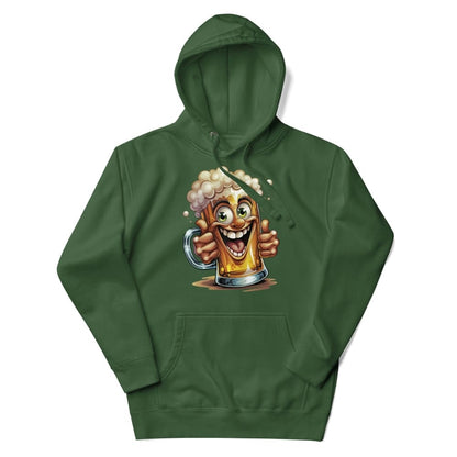 Green hoodie with a cartoon beer mug design on a white background