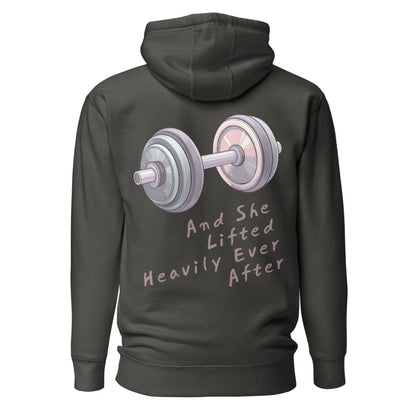 Dark gray hoodie with a graphic of dumbbells and text on the back against a white background