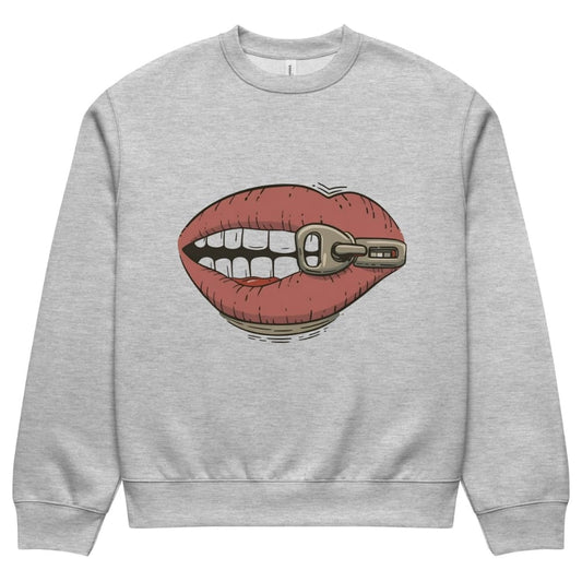 Gray sweatshirt with a graphic of lips with a key in them on a white background