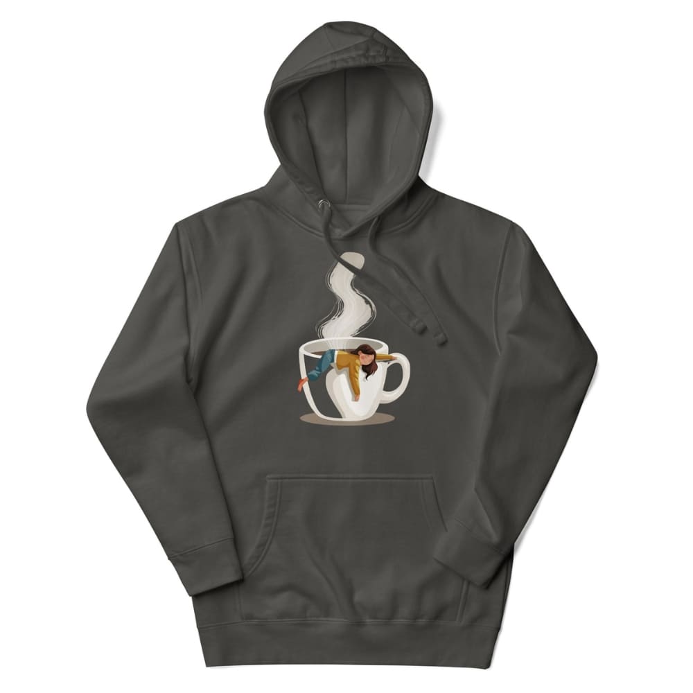Dark gray hoodie with a graphic of a steaming coffee cup and two people on a white background