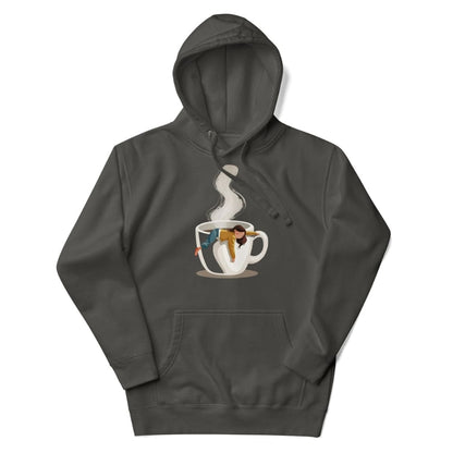 Dark gray hoodie with a graphic of a steaming coffee cup and two people on a white background