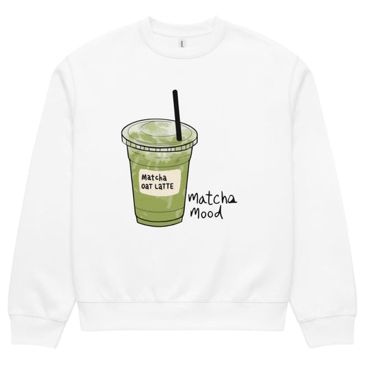 White sweatshirt with a graphic of a matcha oat latte and 'Matcha Mood' text on a white background