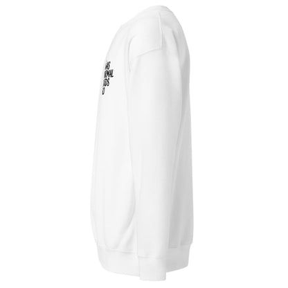 White sweatshirt with text on the sleeve against a white background