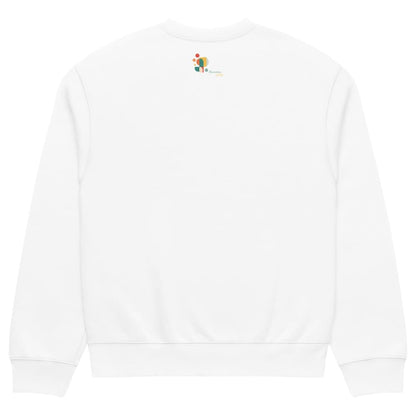 White sweatshirt with a small embroidered logo on a white background