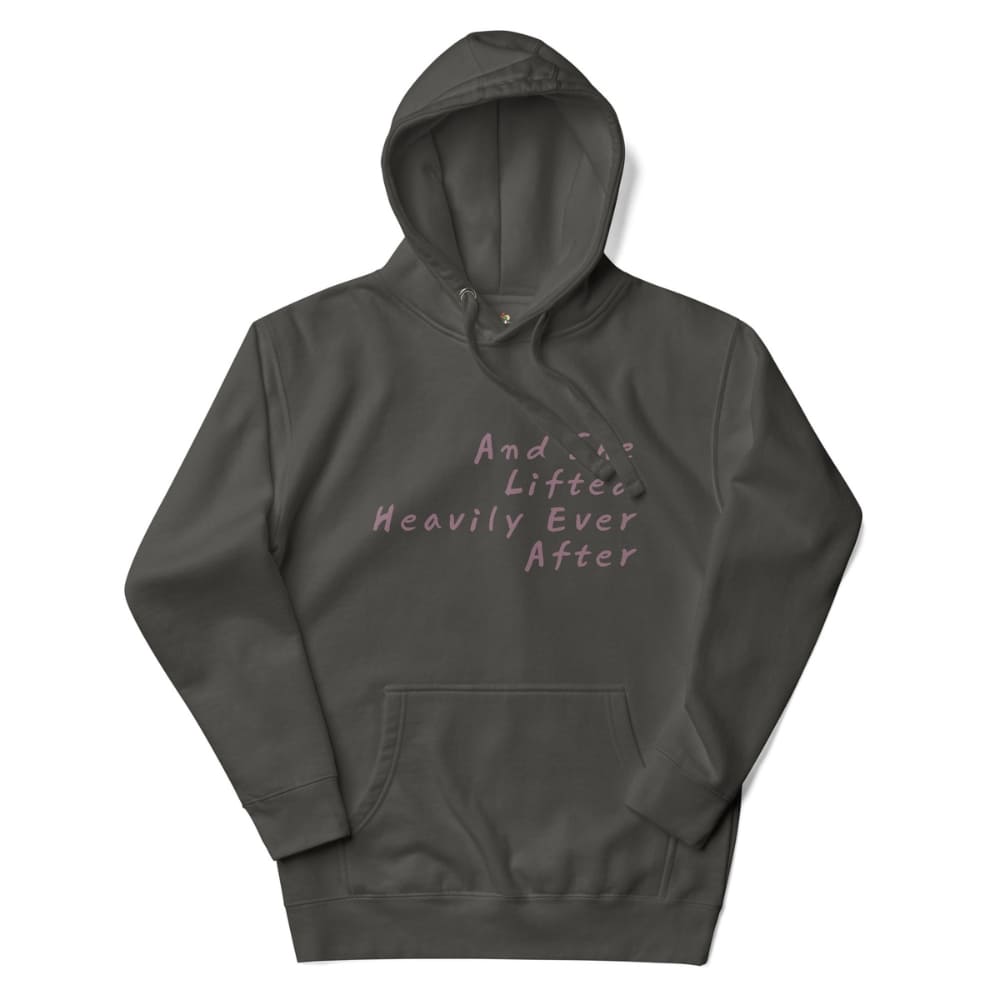 Dark gray hoodie with text on a white background