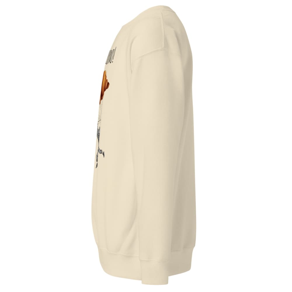 Beige sweatshirt with a graphic design on the sleeve against a white background