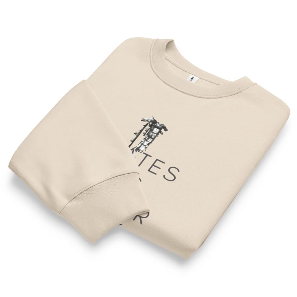 Beige sweatshirt with text and graphics on a white background