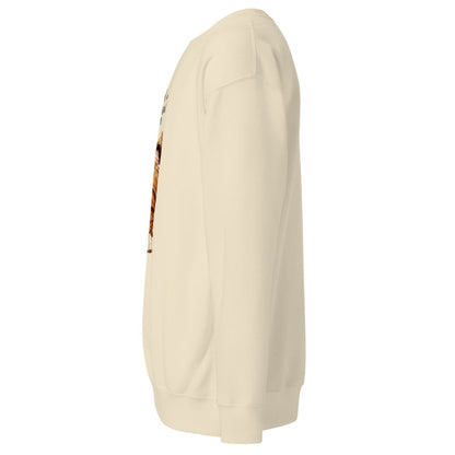 Beige hoodie with a colorful graphic on the sleeve against a white background