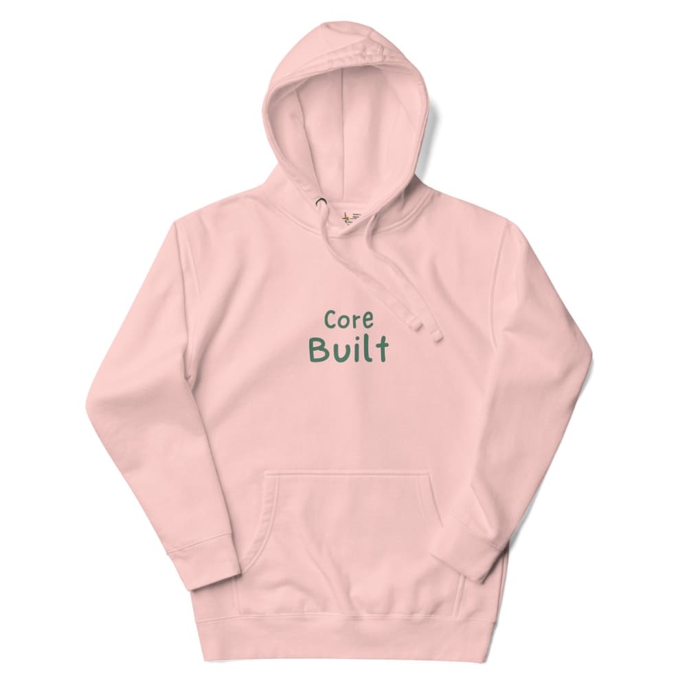 Pink hoodie with 'Core Built' text on a white background