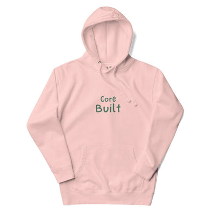 Pink hoodie with 'Core Built' text on a white background