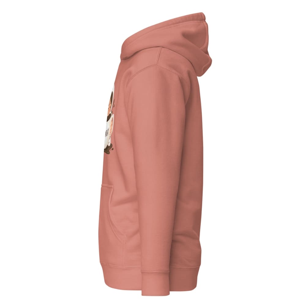 Side view of a pink hoodie with a small graphic on a white background