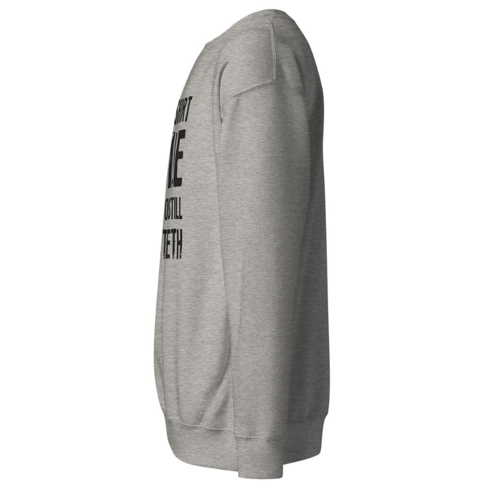 Gray sweatshirt with text on the sleeve against a white background