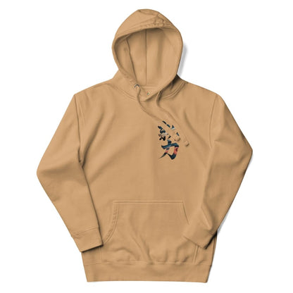 Beige hoodie with a graphic design on the chest against a white background