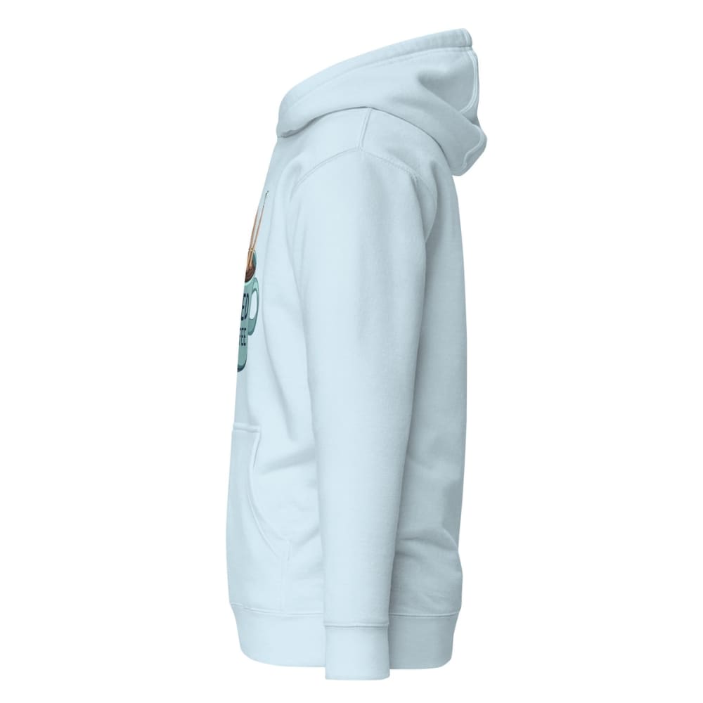 Light blue hoodie with a graphic design on the sleeve against a white background