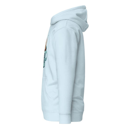Light blue hoodie with a graphic design on the sleeve against a white background