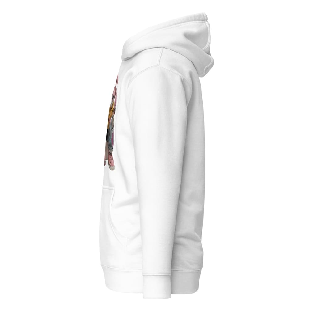 White hoodie with colorful graphic on sleeve against a white background