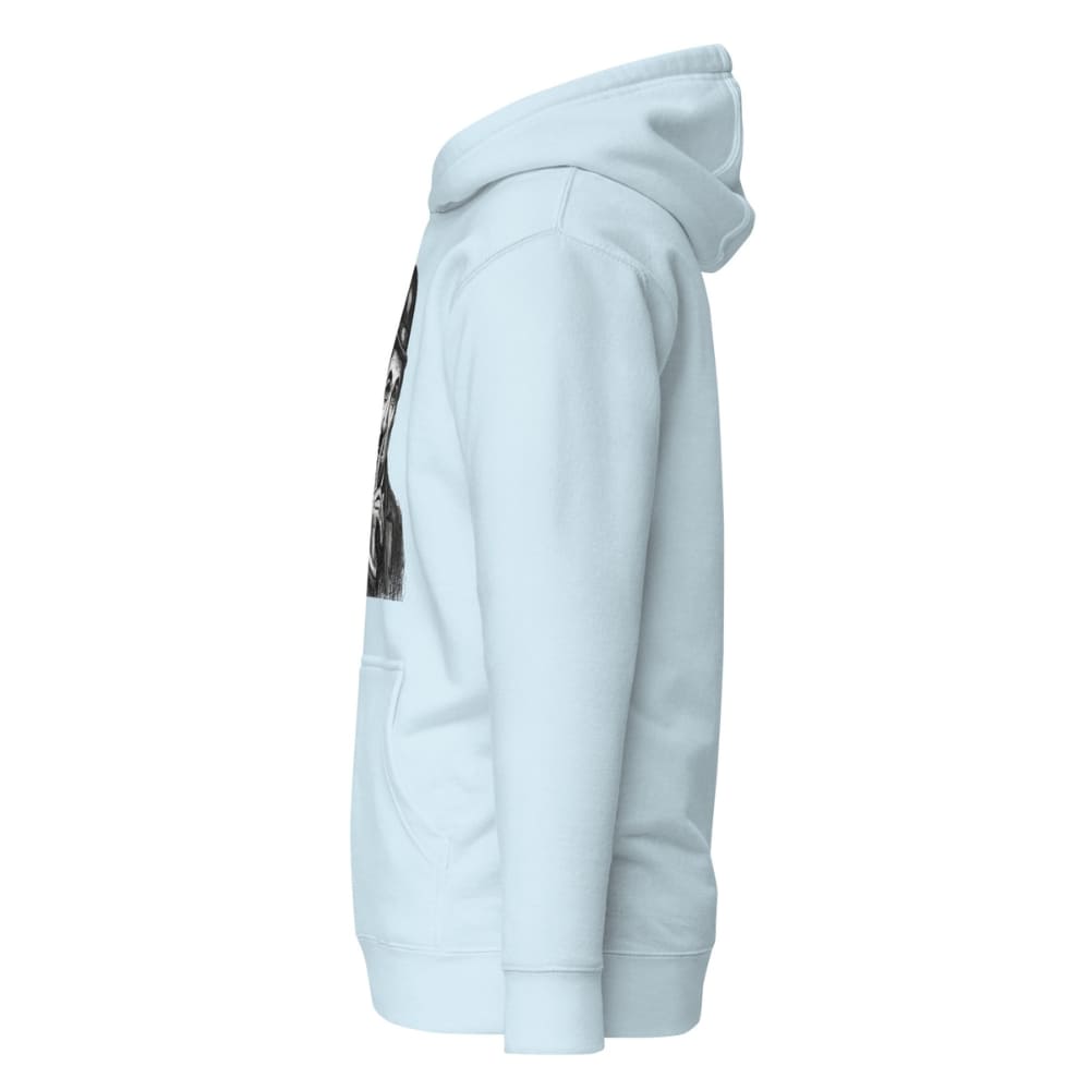 Light blue hoodie with a small graphic on the chest against a white background