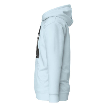 Light blue hoodie with a small graphic on the chest against a white background