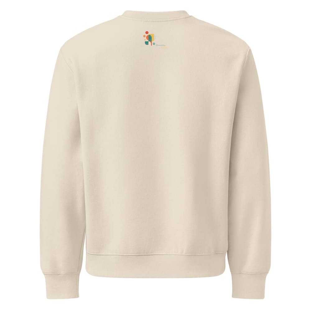 Beige sweatshirt with a small logo on the back against a white background
