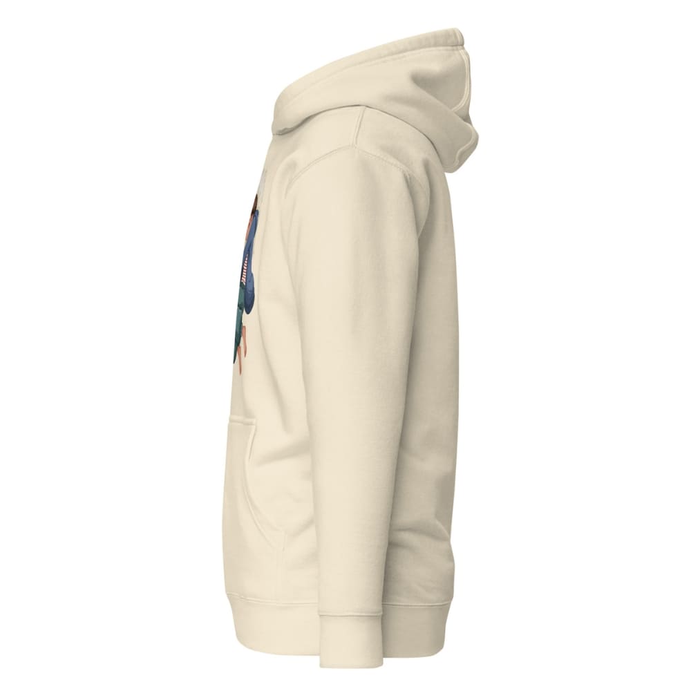 Beige hoodie with a colorful graphic on the sleeve against a white background
