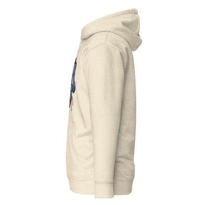 Beige hoodie with a colorful graphic on the sleeve against a white background