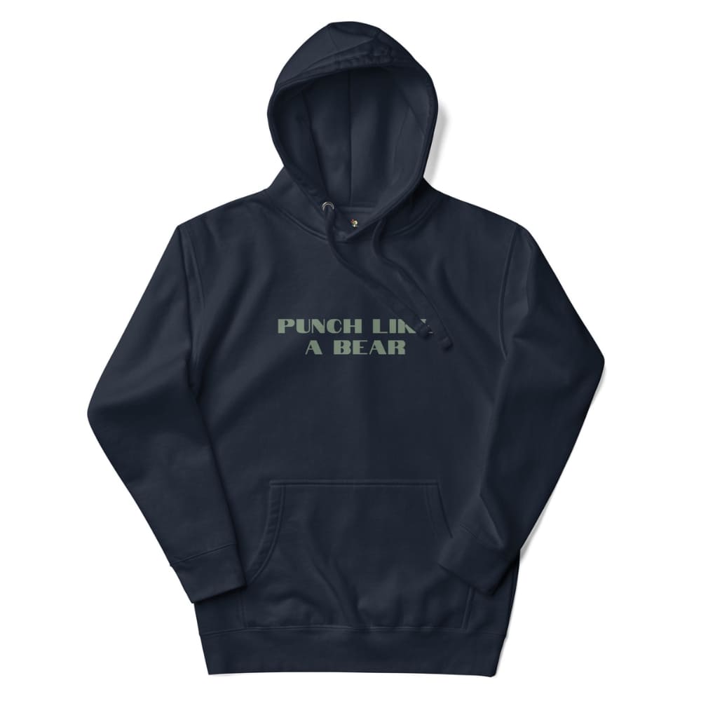 Navy blue hoodie with 'Punch Like a Bear' text on a white background