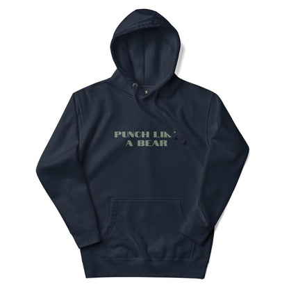 Navy blue hoodie with 'Punch Like a Bear' text on a white background
