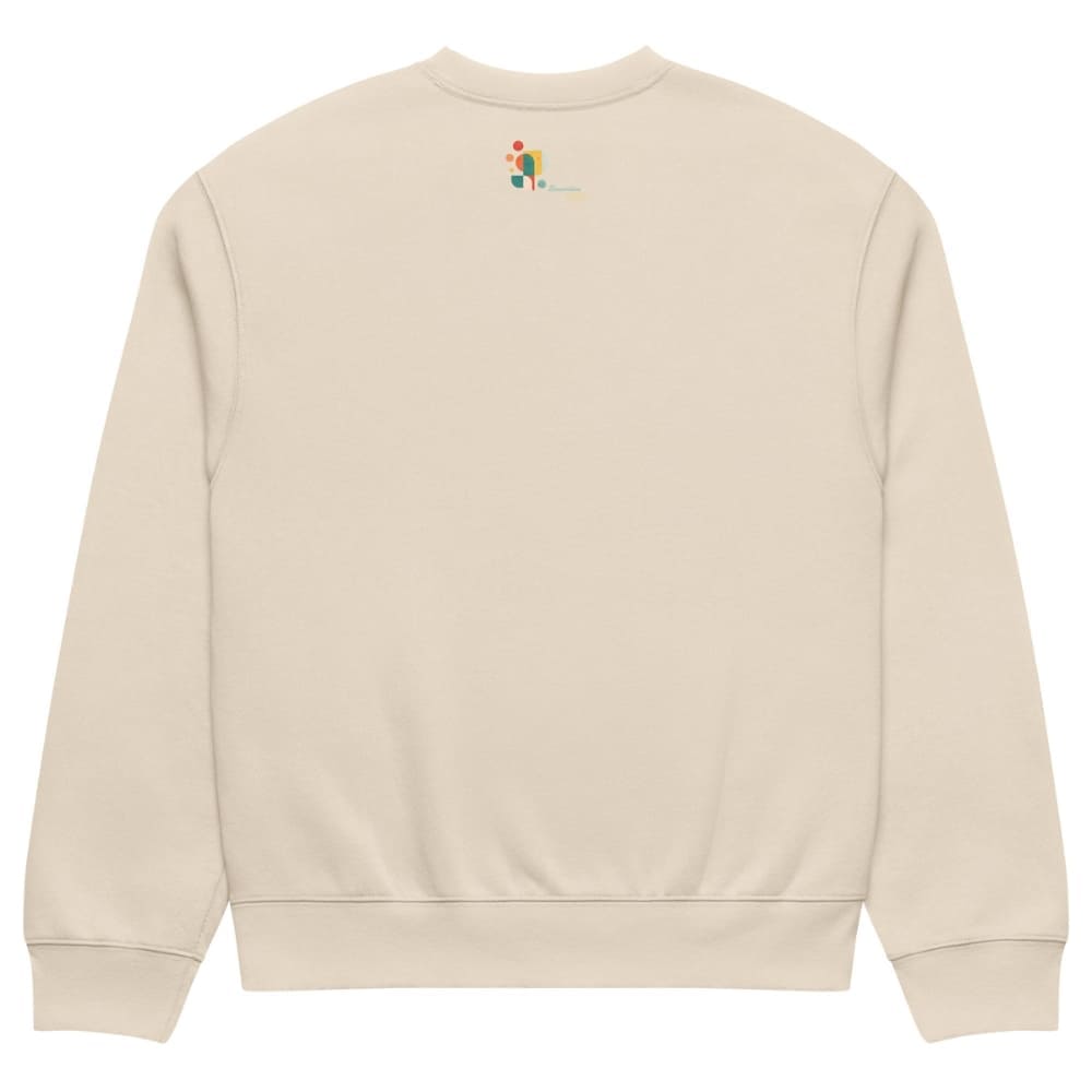 Beige sweatshirt with a small colorful logo on the back against a white background