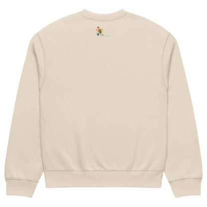 Beige sweatshirt with a small colorful logo on the back against a white background