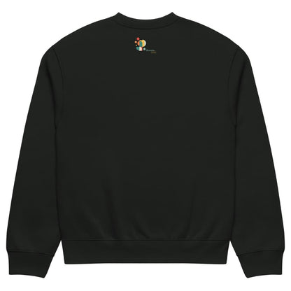 Black sweatshirt with a colorful logo on the chest against a white background