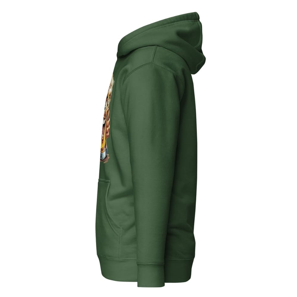 Green hoodie with a small patch on the sleeve against a white background