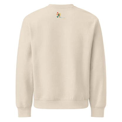Beige sweatshirt with a small logo on the back against a white background