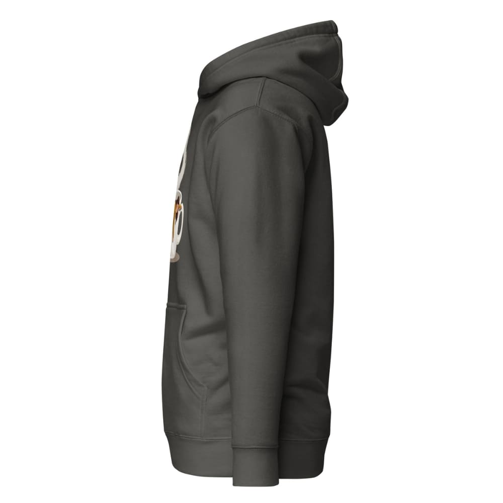 Dark gray hoodie with a logo on the chest against a white background