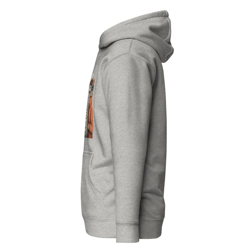 Gray hoodie with a small graphic on the chest pocket against a white background