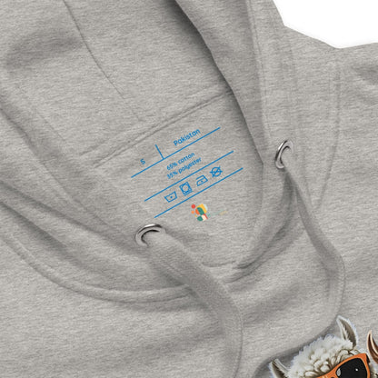 Gray hoodie with brand logo on the chest pocket against a white background